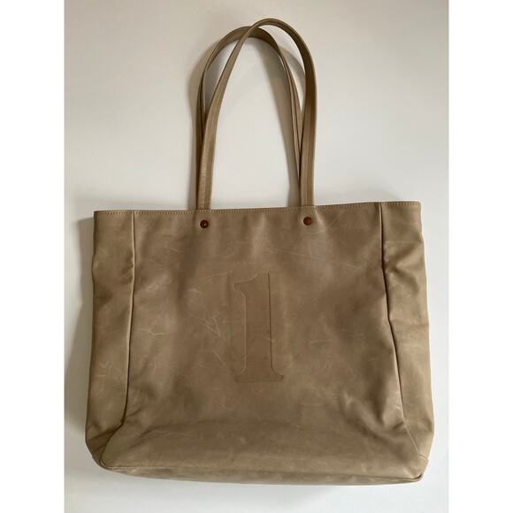 Feed The Children Of The World Leather Tote Bag Embossed Almond Shoulder Bag Tan - Picture 11 of 16